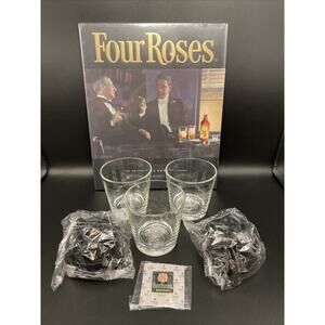 NEW Four Roses Bourbon Glasses (3), Book & Ice Molds (2) Set
